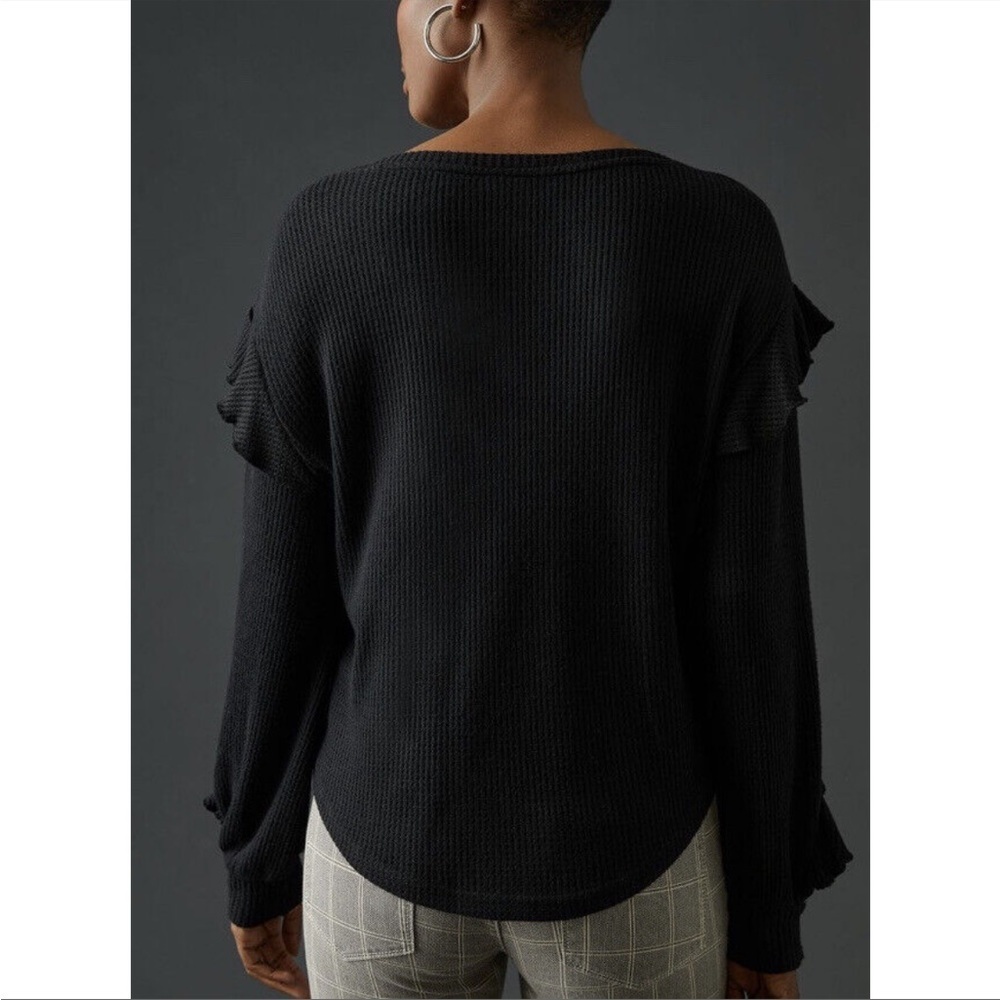 Anthropologie Pilcro Waffle Knit Black‎ Vneck Blouse Sweater Shirt Top Ruffles - Picture 3 of 7